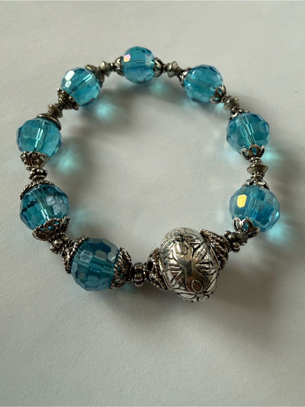 Beautiful Beaded Stretch Bracelet Vibrant Blue Faceted Beads and SS Accents
